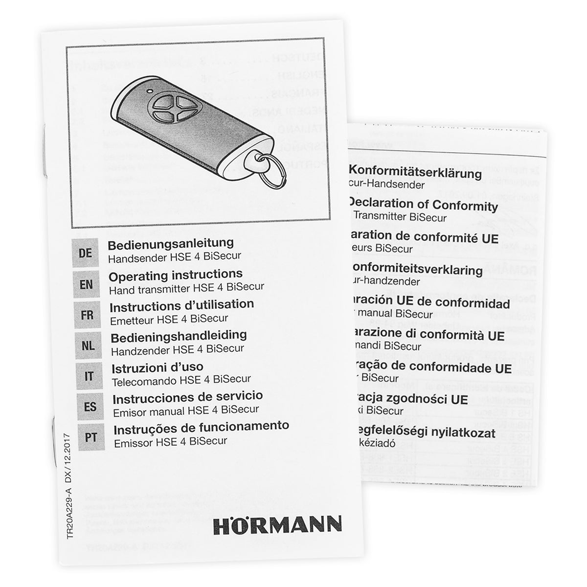 Hörmann handzender HSE 4, BiSecur handleiding met bedieningsinstructies in meerdere talen.
