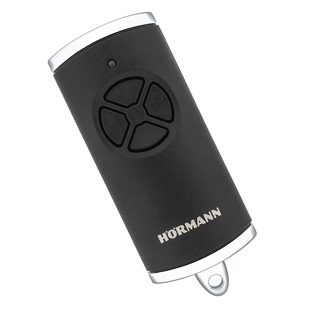 Hörmann handzender HSE 4 BiSecur met zwarte structuur, draadloze afstandsbediening voor garagedeur of poort, perspectiefweergave