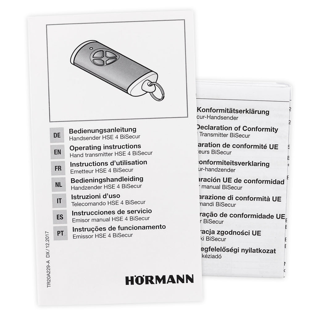 Hörmann HSE 4 handzender met BiSecur, zwart kunststof, structuur, compleet met handleiding, geschikt voor garagepoortbediening