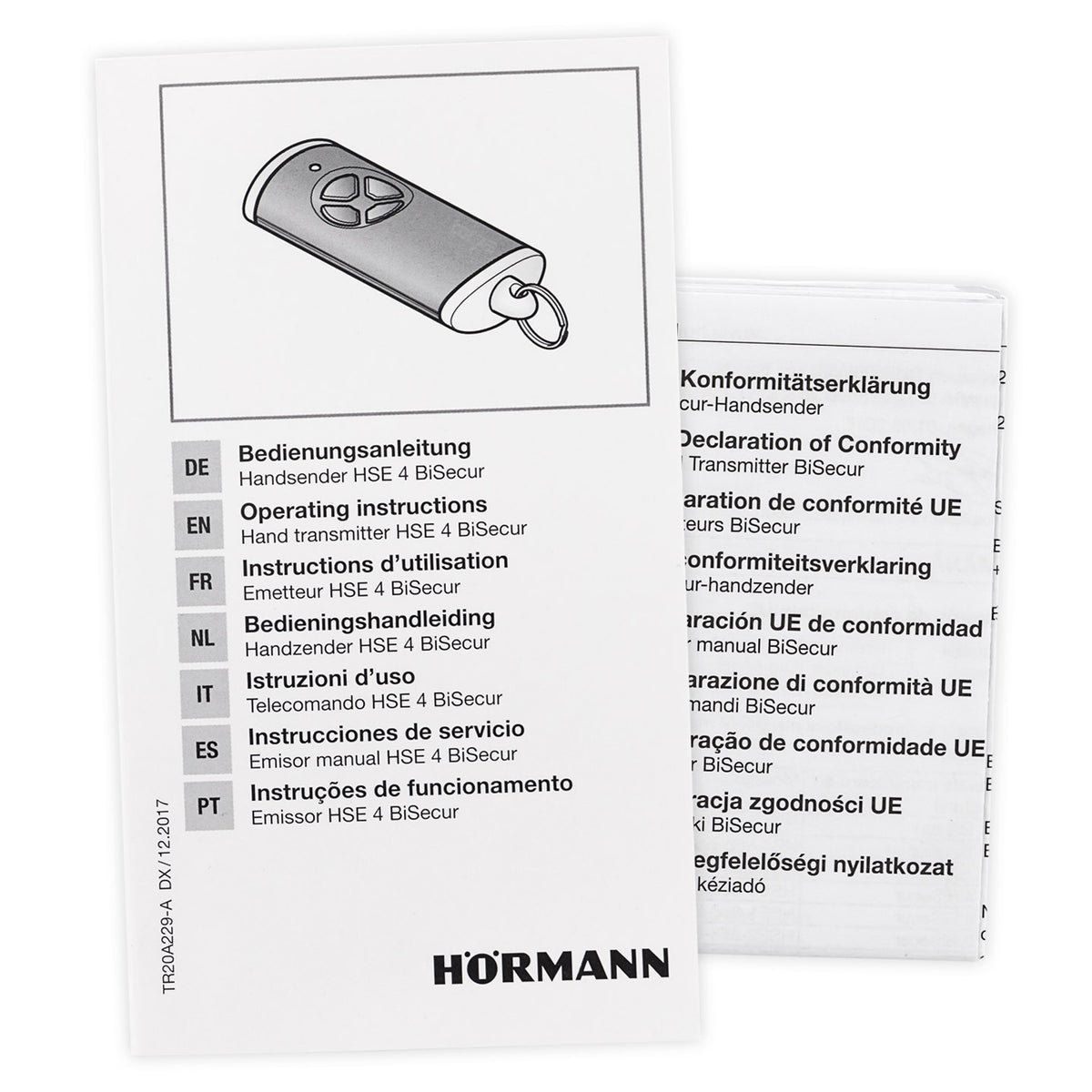 Hörmann HSE 4 handzender met BiSecur, zwart kunststof, structuur, compleet met handleiding, geschikt voor garagepoortbediening