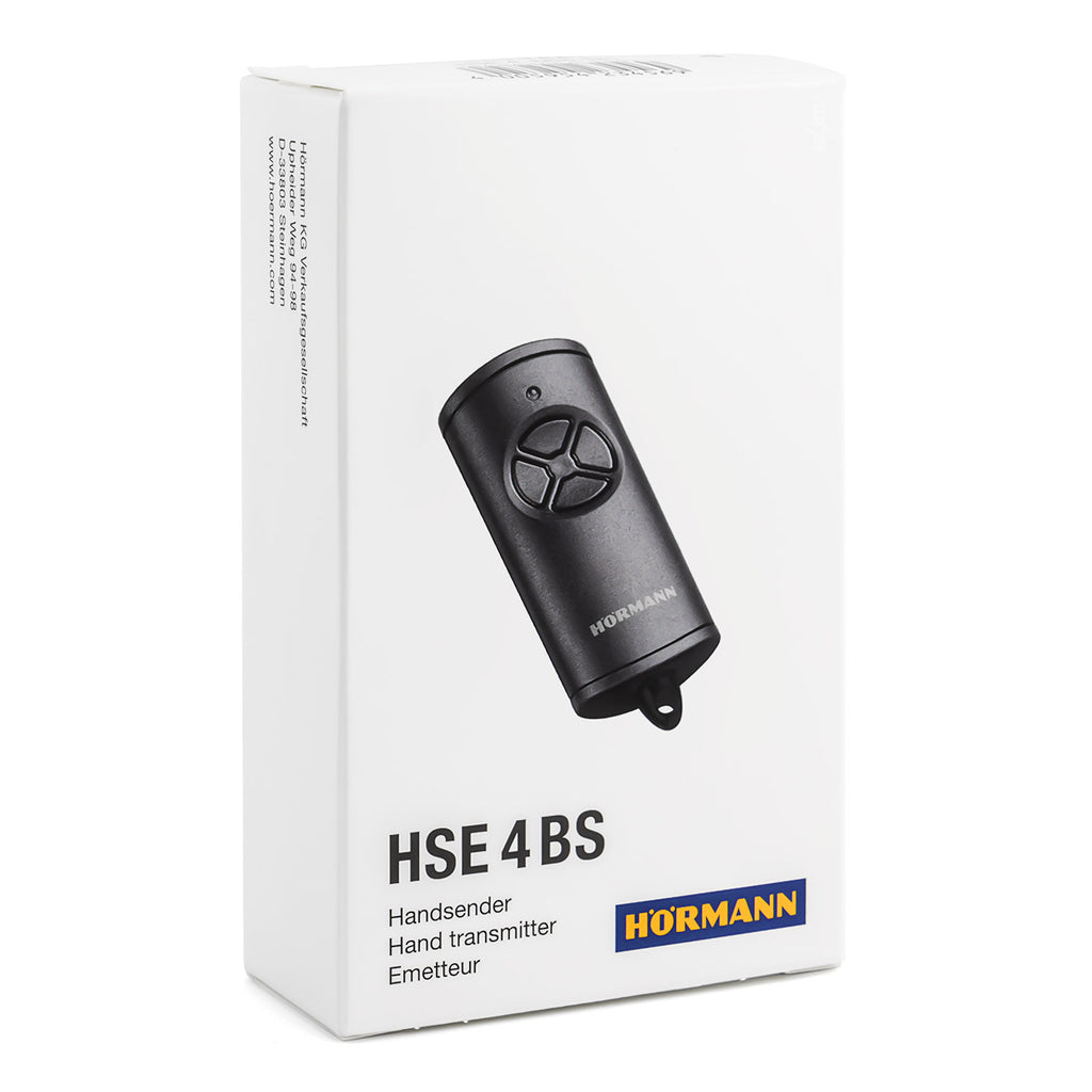 Zwart Hörmann HSE 4 handzender met BiSecur, structuur kunststof en verpakking, geschikt voor garagedeuren en toegangscontrole