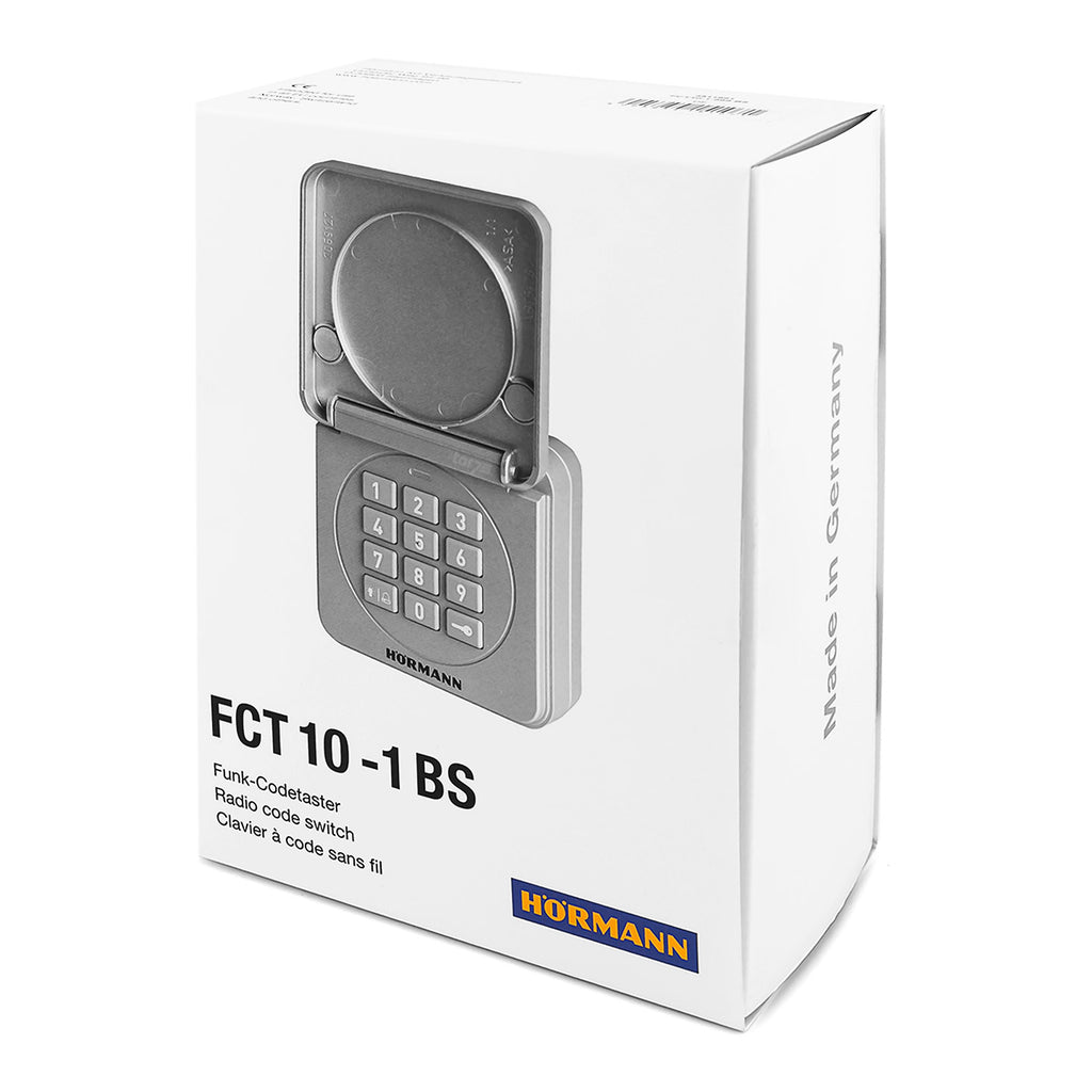 Hörmann radiocodeschakelaar FCT10-1 BS handzender met bedienknoppen en verpakking, geschikt voor draadloze toegangscontrole