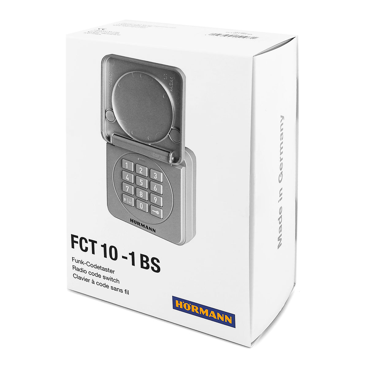 Hörmann radiocodeschakelaar FCT10-1 BS handzender met bedienknoppen en verpakking, geschikt voor draadloze toegangscontrole