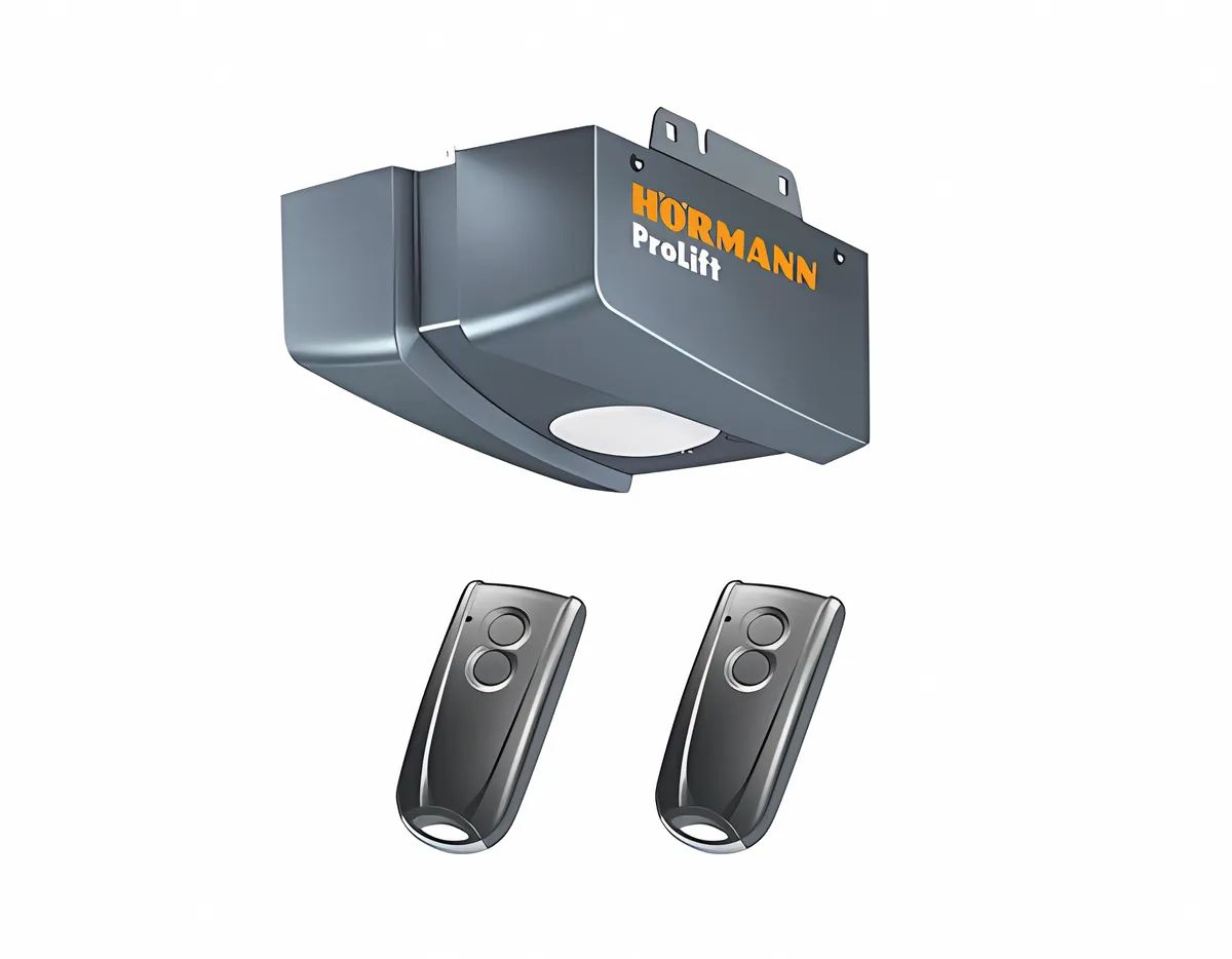 Bediening met twee afstandsbedieningen en motorunit, merk Hormann ProLift, voor automatische garagedeurbediening