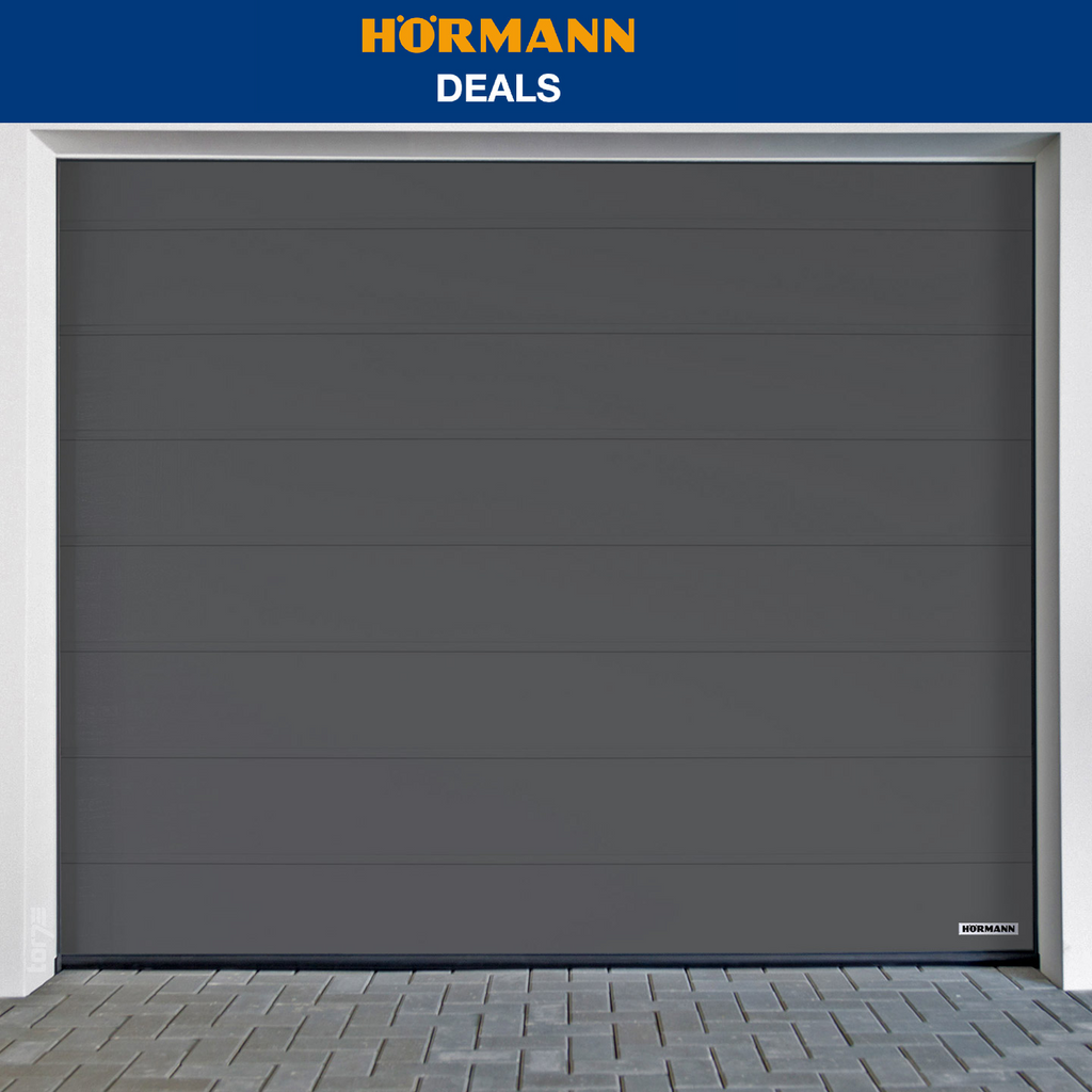 Garagepoort Hörmann RenoMatic M-Profilering Planar in moderne grijze kleur met strakke lijnen.