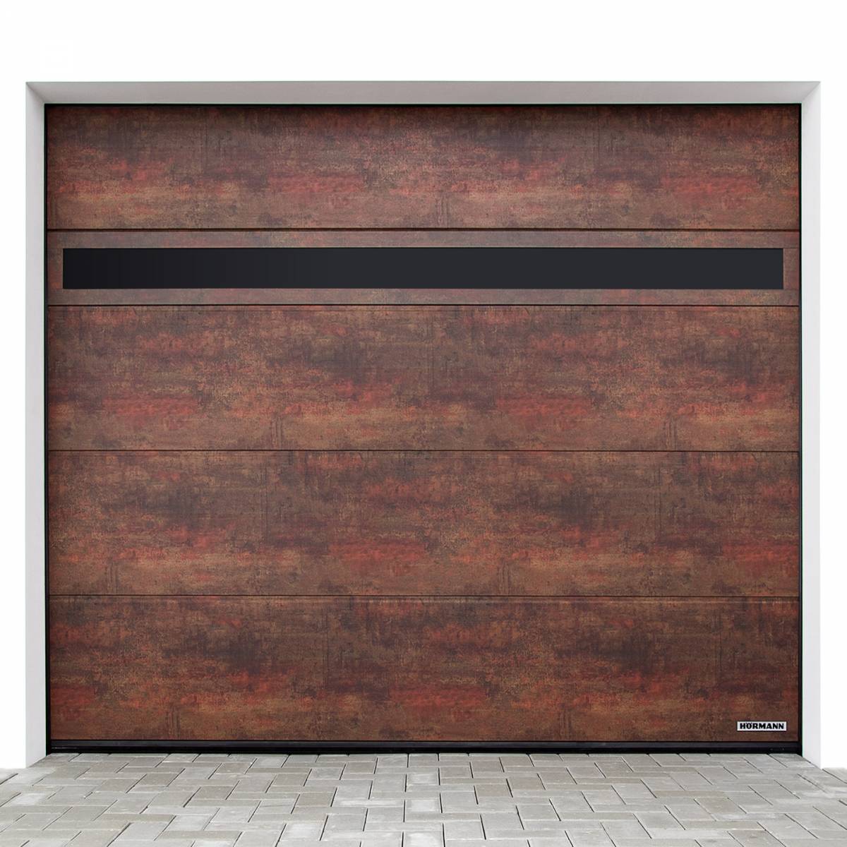 Garagepoort Hörmann LPU 42 met bruin en zwart design, volledig op maat gemaakt voor uw garage.