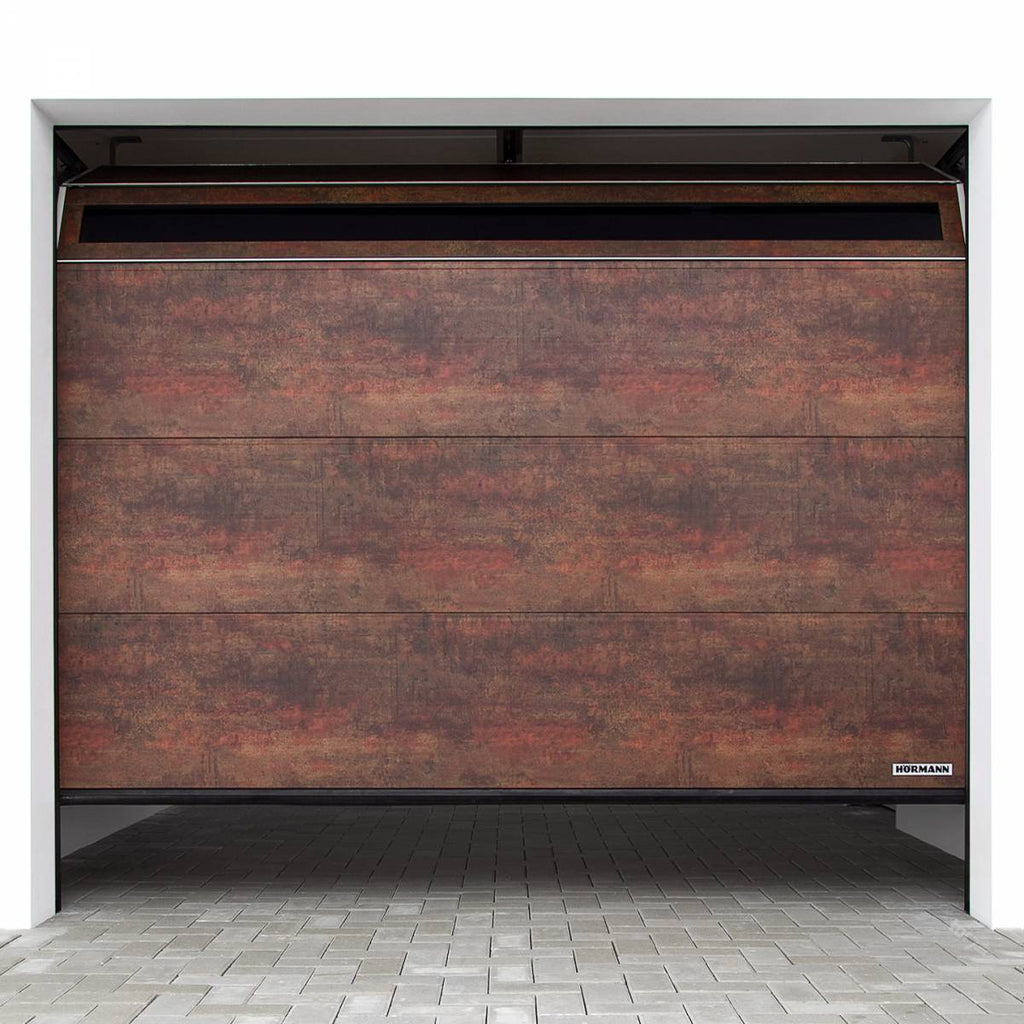 Garage door Hörmann LPU 42 in a modern garage with a rustic finish, fully custom made to fit any home.