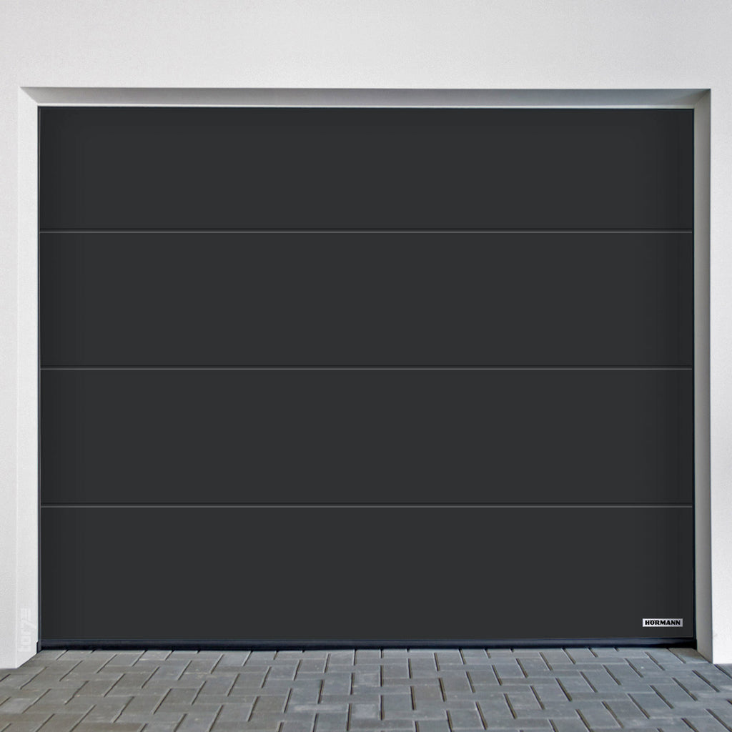 Garage door with L-ribbed Planar design by Hörmann, featuring a sleek dark finish in a modern garage setting.