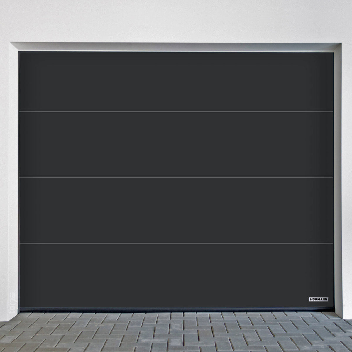 Garage door with L-ribbed Planar design by Hörmann, featuring a sleek dark finish in a modern garage setting.