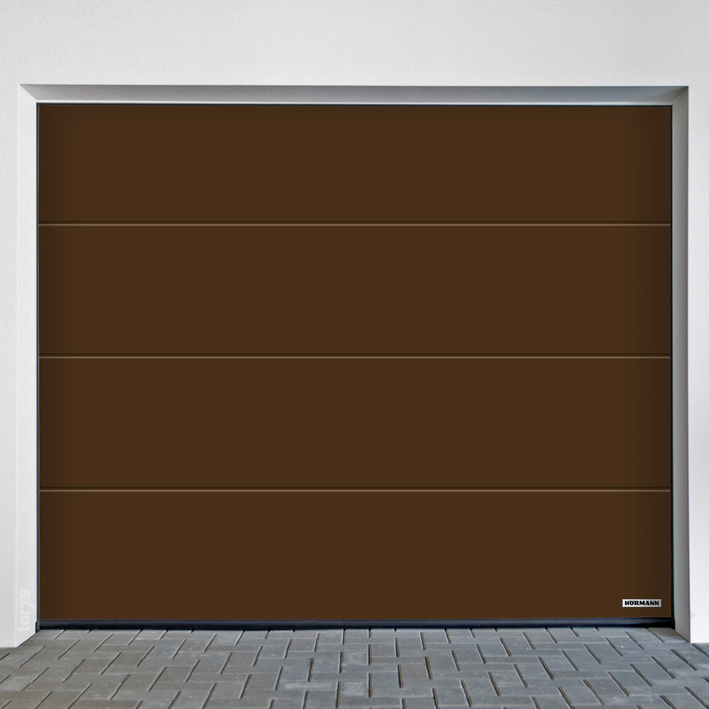 Porte de garage Hörmann RenoMatic Rainures L Planar en couleur marron avec design moderne.