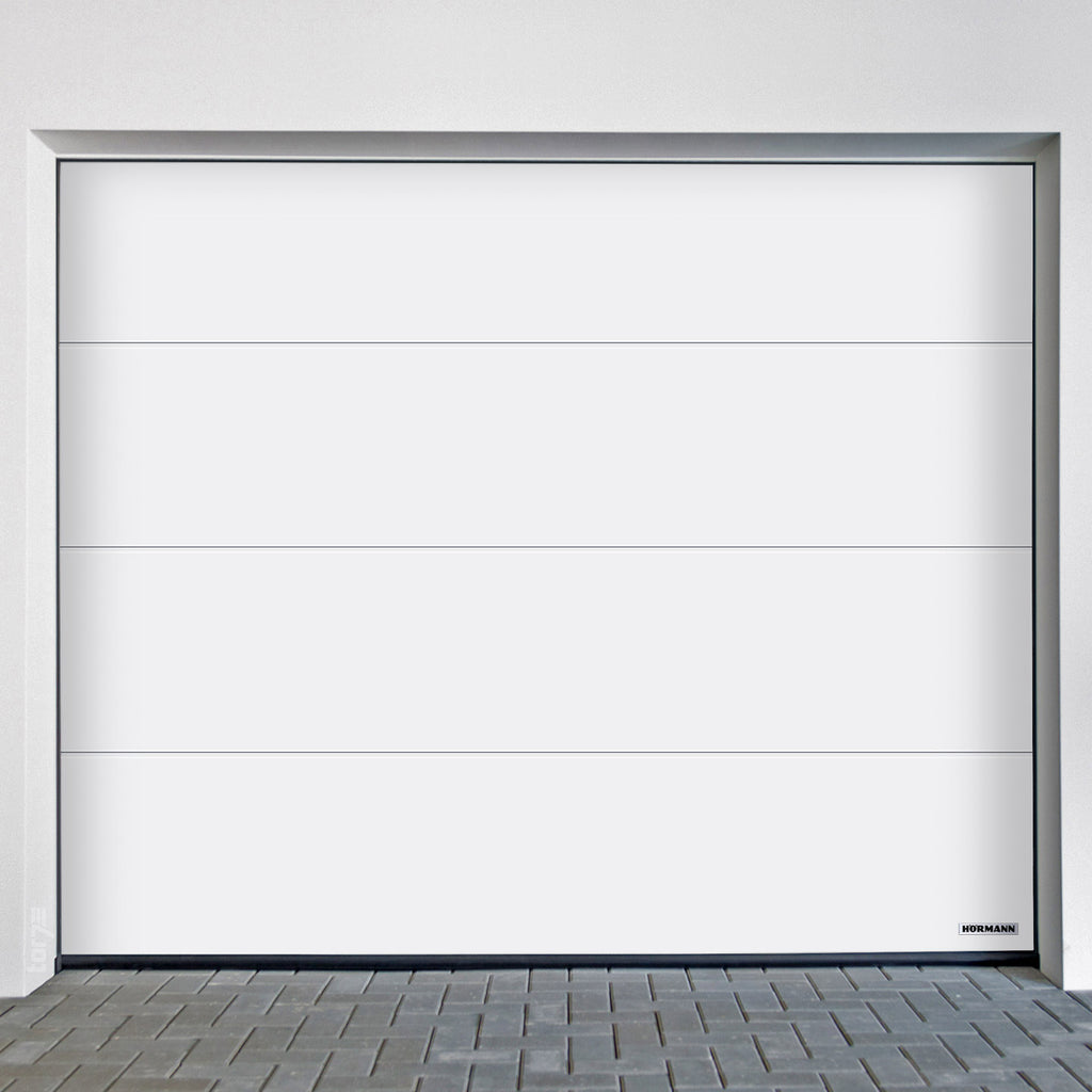 Hörmann garagedeur RenoMatic L-Profilering Planar, hoogte 2080 mm, met chroomkleurige afwerking en horizontale profielstructuur.