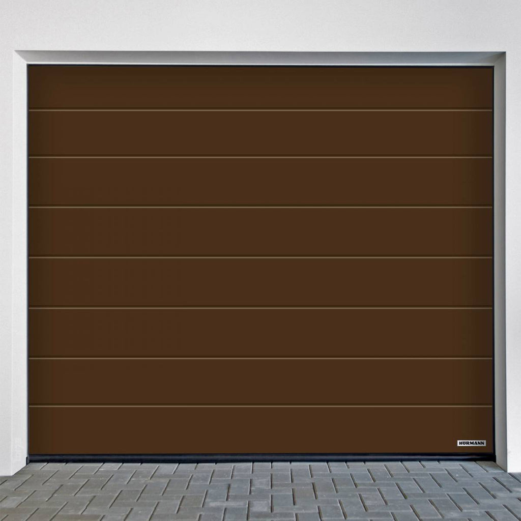 Porte sectionnelle Hörmann RenoMatic Rainures M Planar en couleur marron, design moderne pour garage.