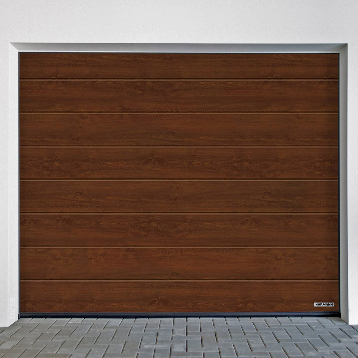 Hörmann garage door RenoMatic M-Ribbed Decocolor in brown wood finish, enhancing home elegance. Garage door.