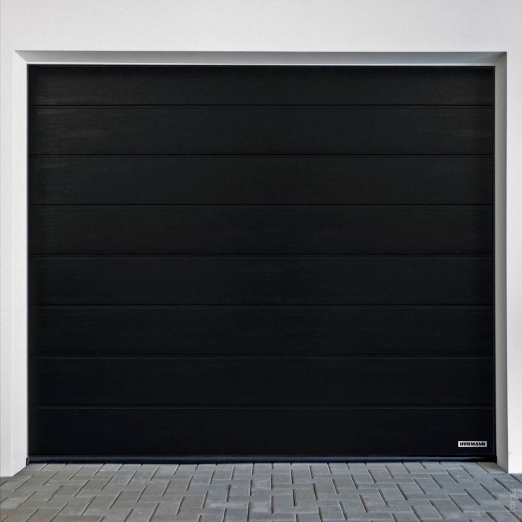 Hörmann RenoMatic M-Profilering garagedeur met houtnerf in diepzwart, sectiepoort, breedte tot 3500 mm, modern en duurzaam ontwerp
